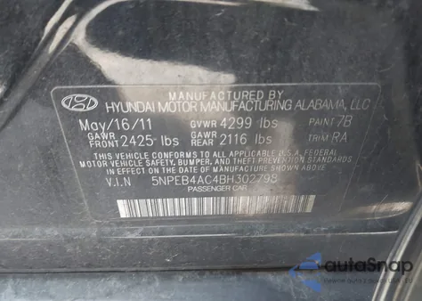 2011 Hyundai Sonata Gls z USA, uszkodzony, nr VIN 5NPEB4AC4BH302798